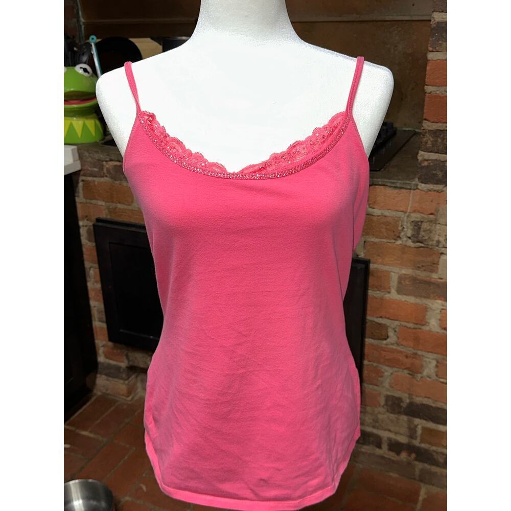 Express Vintage Y2K Cami Tank Fitted Stretch Lace Rhinestone Trim Pink L